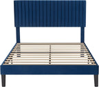 Allewie Queen Bed Frame, Velvet Upholstered Platform Bed with Adjustable Vertical Channel Tufted Headboard, Mattress Foundation with Strong Wooden Slats, Box Spring Optional, Easy Assembly, Navy Blue