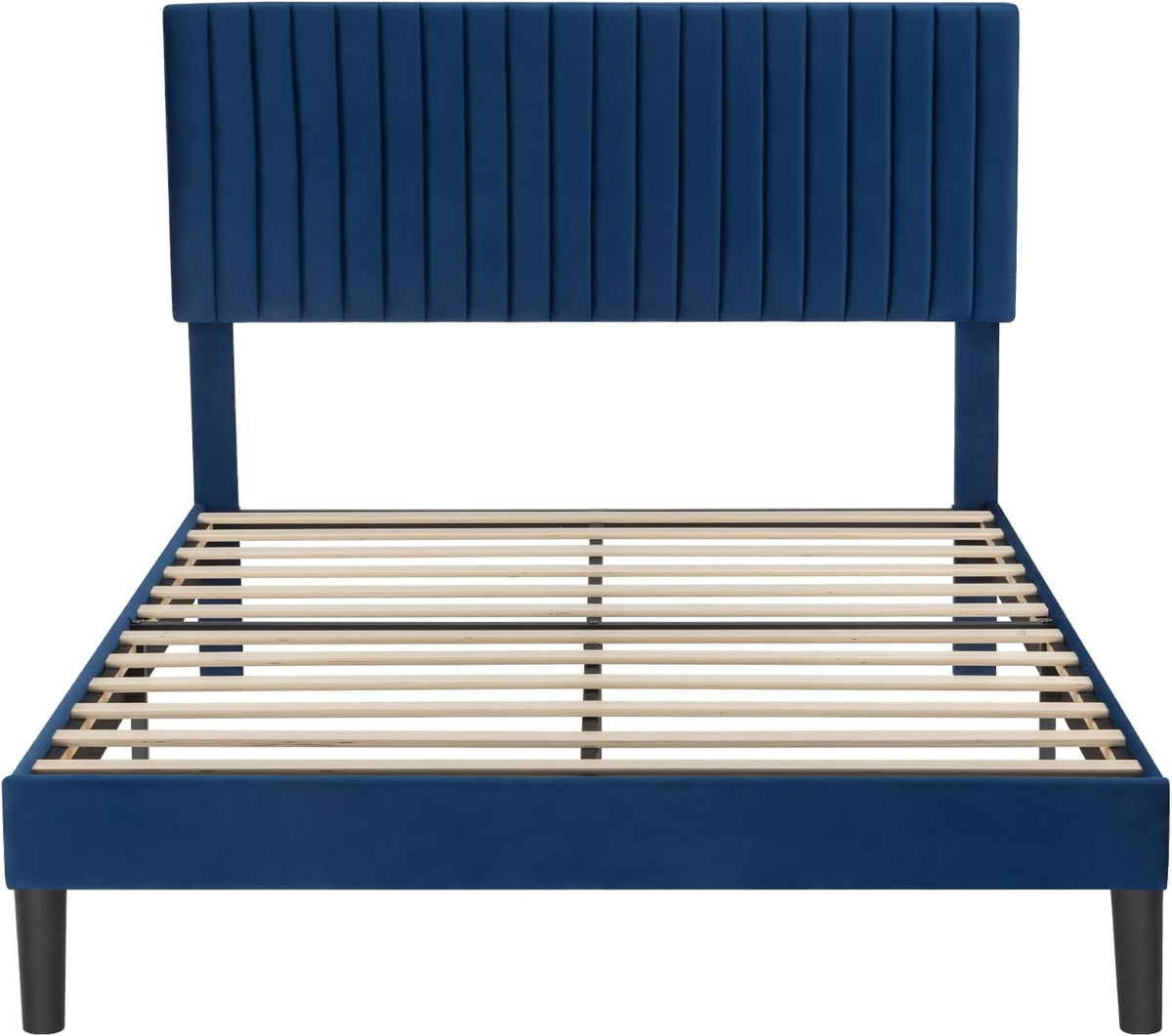 Allewie Queen Bed Frame, Velvet Upholstered Platform Bed with Adjustable Vertical Channel Tufted Headboard, Mattress Foundation with Strong Wooden Slats, Box Spring Optional, Easy Assembly, Navy Blue