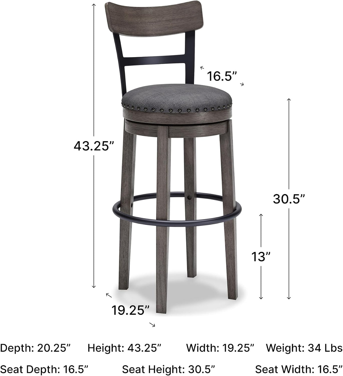 Signature Design by Ashley Caitbrook Swivel 30" Bar Height Bar Stool, Gray | Plush foam-cushioned seat, Elegant nailhead trim, Sturdy solid wood frame, 30.5-inch height for 40-42 inch bars