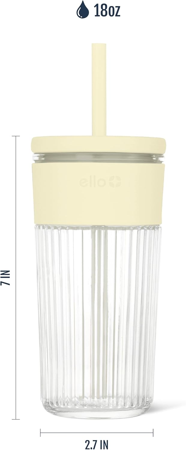 Ello Ava 18oz Glass Tumbler with Straw and Lid for Iced Coffee, Lemon