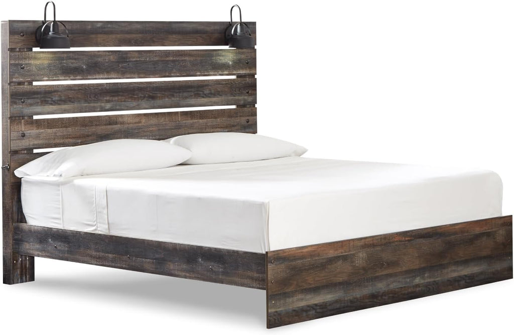 Signature Design by Ashley Drystan Rustic King Size Bed Frame with LED | Rustic brown and gray replicated wood grain with teal accents, Durable engineered wood, Adjustable base compatible