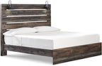 Signature Design by Ashley Drystan Rustic King Size Bed Frame with LED | Rustic brown and gray replicated wood grain with teal accents, Durable engineered wood, Adjustable base compatible