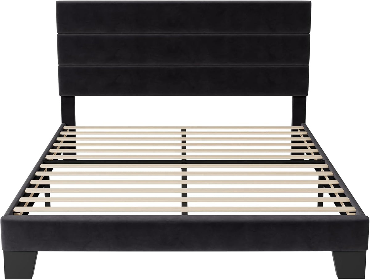 Allewie Queen Size Platform Bed Frame with Velvet Upholstered Headboard