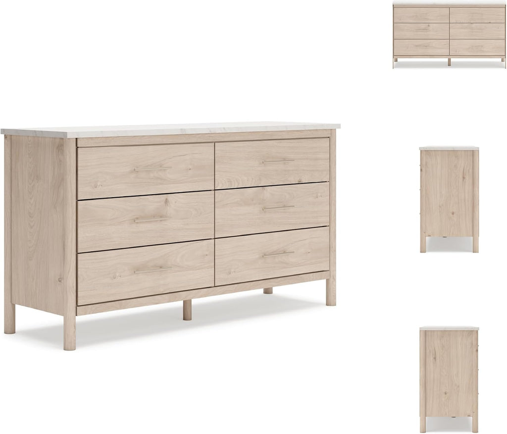 Signature Design by Ashley Cadmori Casual Bohemian Dresser with Post Legs and 6 Drawers, Replicated Marble Top, Wood, 35" High, White and Light Brown Finish