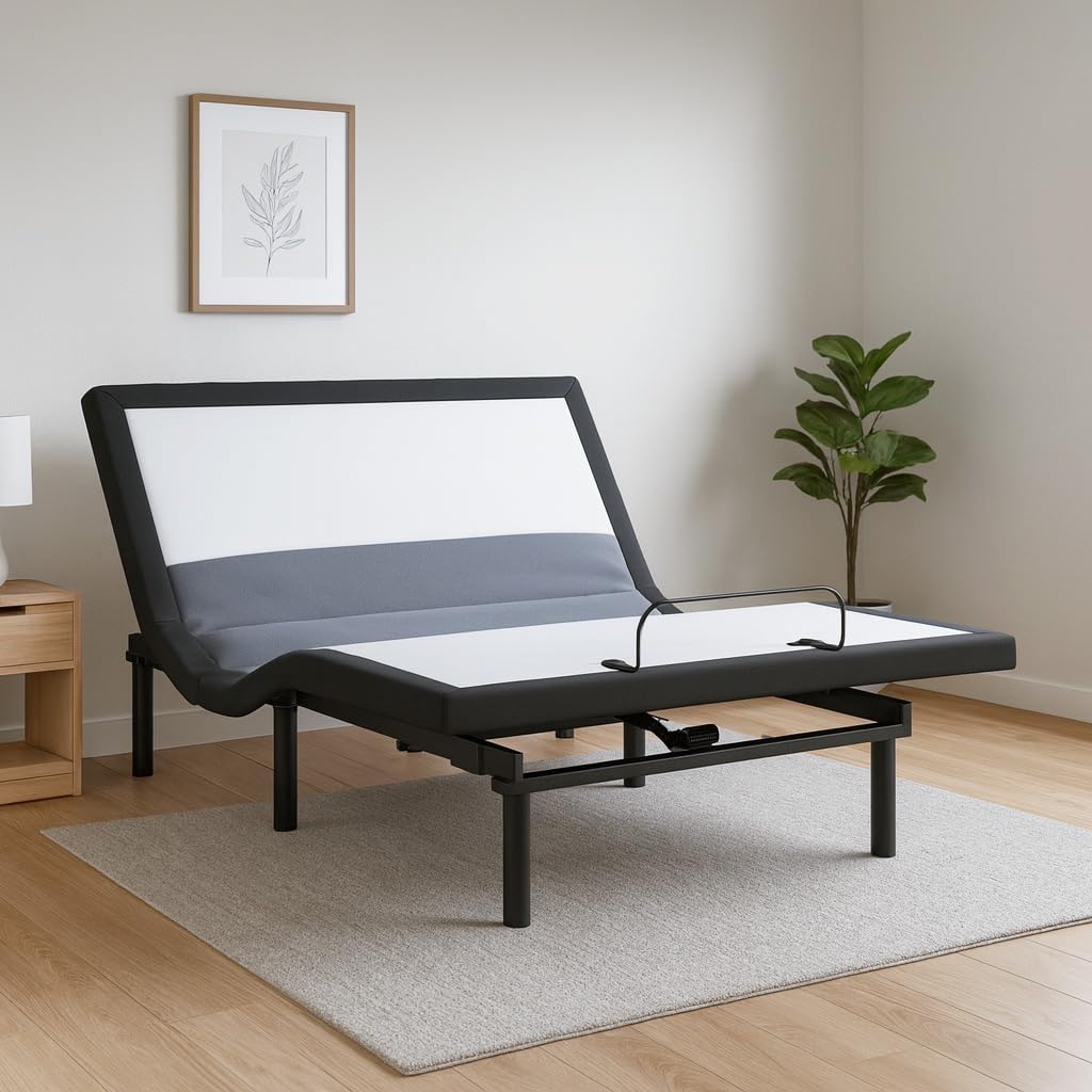 Signature Design by Ashley Adjustable Bed Frame Queen, Remote & Lumbar | Queen adjustable base with remote, Built-in massage, Fast 15-minute assembly, Lumbar and audio base