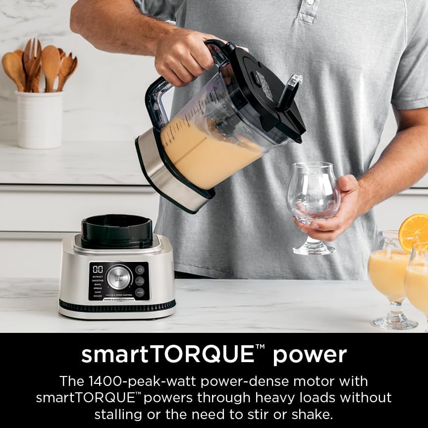 Ninja Foodi Power Blender & Food Processor, 6 Functions, Silver, SS351 | smartTORQUE motor never stalls. 6 functions for smoothies, bowls & dough. 72-oz pitcher + processor bowl + cups.