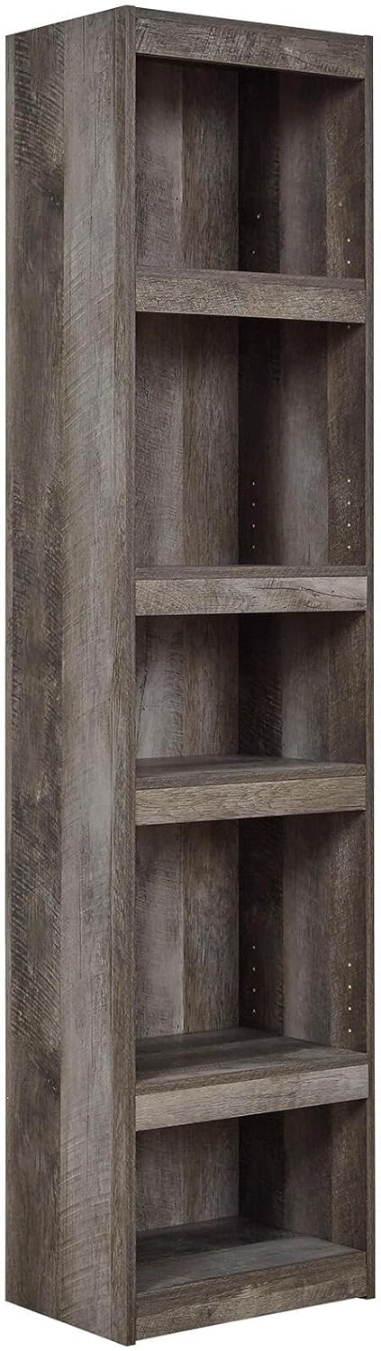 Signature Design by Ashley Wynnlow Tall Pier Bookcase, 72 Inch, Gray | Rustic gray engineered wood, 4 tiered shelves (3 adjustable) for tight spaces, Space-saving 17-inch wide pier design