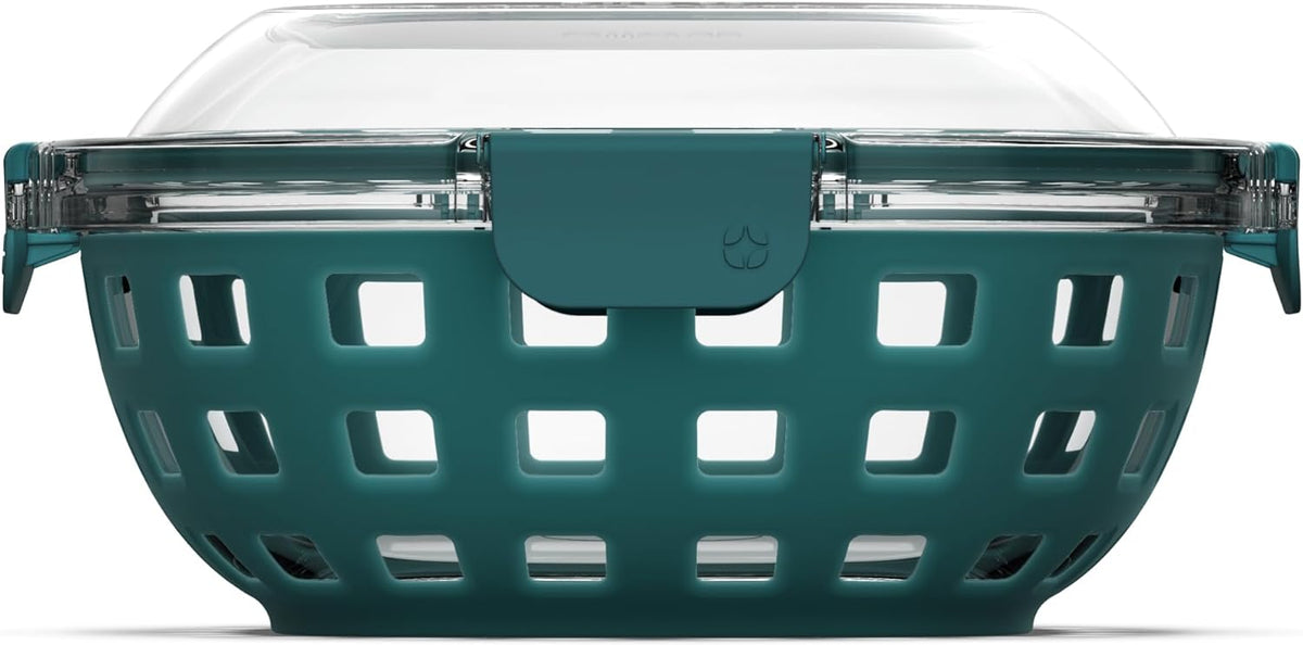Ello DuraGlass Food Storage Glass Lunch Bowl Container - Meal Prep Container with Silicone Sleeve and Airtight Lid, 5 Cup, Teal