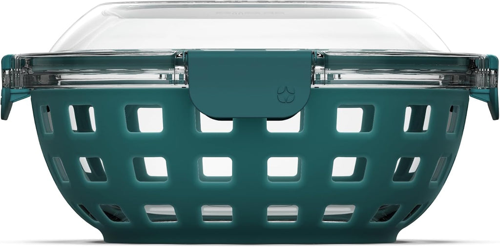 Ello DuraGlass Food Storage Glass Lunch Bowl Container - Meal Prep Container with Silicone Sleeve and Airtight Lid, 5 Cup, Teal