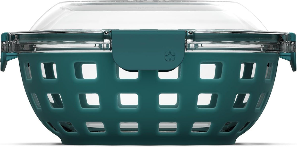 Ello DuraGlass Food Storage Glass Lunch Bowl Container - Meal Prep Container with Silicone Sleeve and Airtight Lid, 5 Cup, Teal