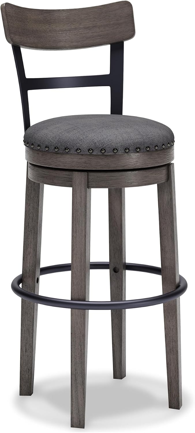 Signature Design by Ashley Caitbrook Swivel 30" Bar Height Bar Stool, Gray | Plush foam-cushioned seat, Elegant nailhead trim, Sturdy solid wood frame, 30.5-inch height for 40-42 inch bars