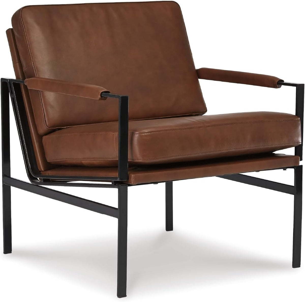 Signature Design by Ashley Puckman Accent Chair, Brown Leather Armchair | Leather and faux leather blend, Bronze-tone metal frame, 26-in wide seat, Upholstered track arms, Living room use