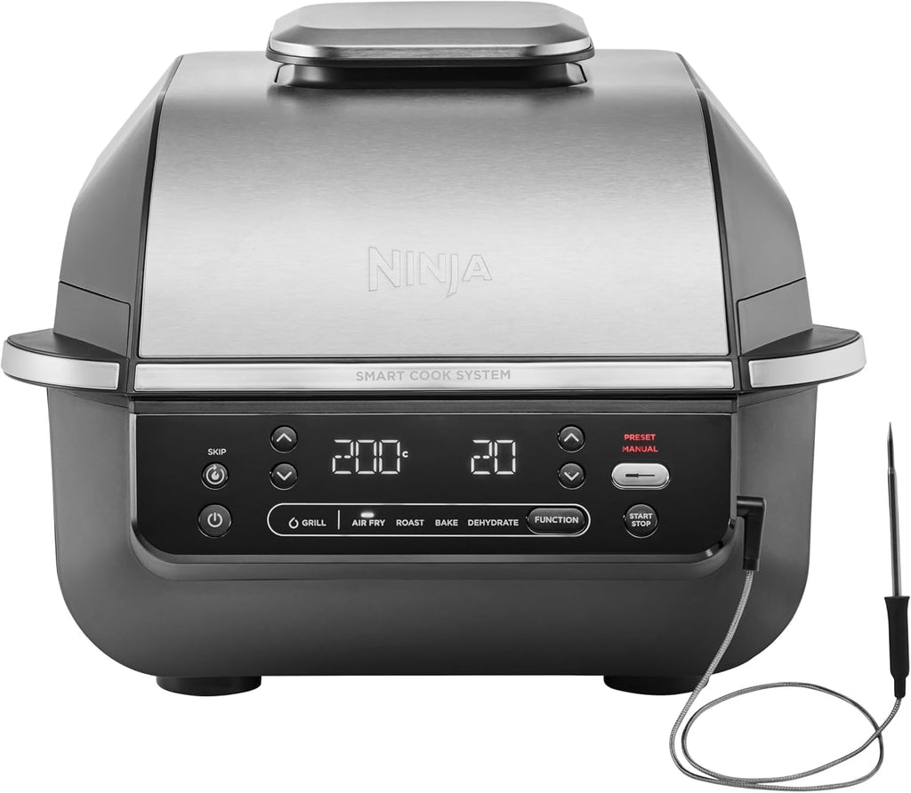 Ninja 5-in-1 Indoor Grill and Oil Free Deep Fryer, 5 Modes EG351EU | Cooks up to 4 burgers, 5.7L capacity, low smoke emission, digital meat thermometer included