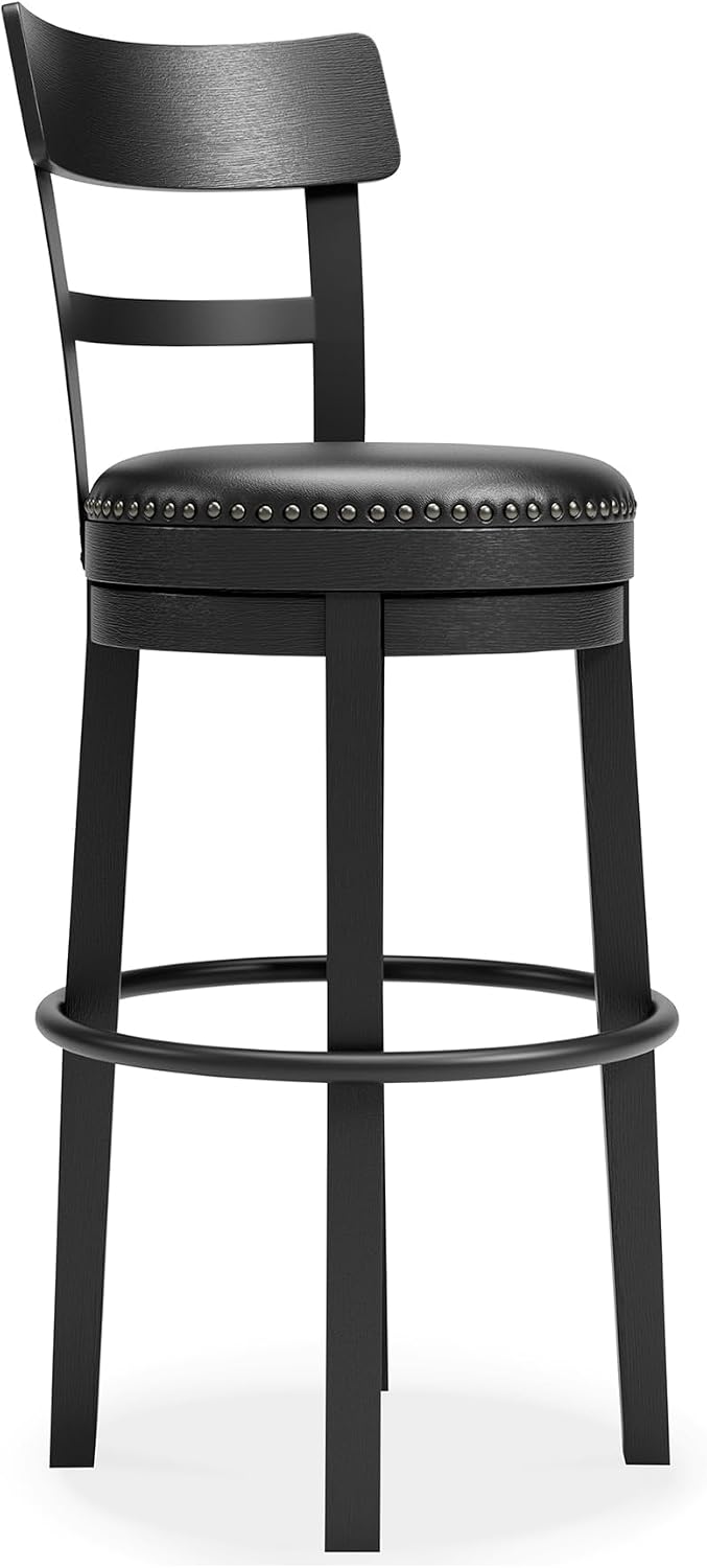 Signature Design by Ashley 30" Swivel Bar Height Bar Stool, Antiqued Black | Solid wood and metal frame, Easy-clean black faux leather seat with 360 swivel, Valebeck Series