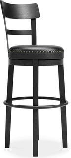 Signature Design by Ashley 30" Swivel Bar Height Bar Stool, Antiqued Black | Solid wood and metal frame, Easy-clean black faux leather seat with 360 swivel, Valebeck Series