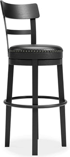 Signature Design by Ashley 30" Swivel Bar Height Bar Stool, Antiqued Black | Solid wood and metal frame, Easy-clean black faux leather seat with 360 swivel, Valebeck Series