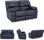 Signature Design by Ashley Leesworth Power Reclining Loveseat, Ocean Blue | Space-saving zero wall design, Top grain leather touchpoints, Built-in zero-draw USB ports, 32 in minimum doorway width