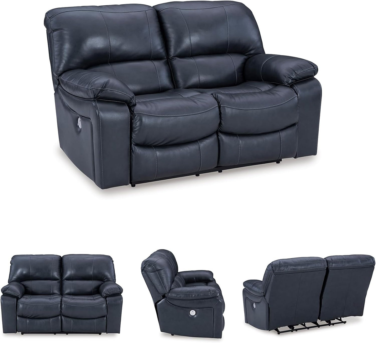 Signature Design by Ashley Leesworth Power Reclining Loveseat, Ocean Blue | Space-saving zero wall design, Top grain leather touchpoints, Built-in zero-draw USB ports, 32 in minimum doorway width