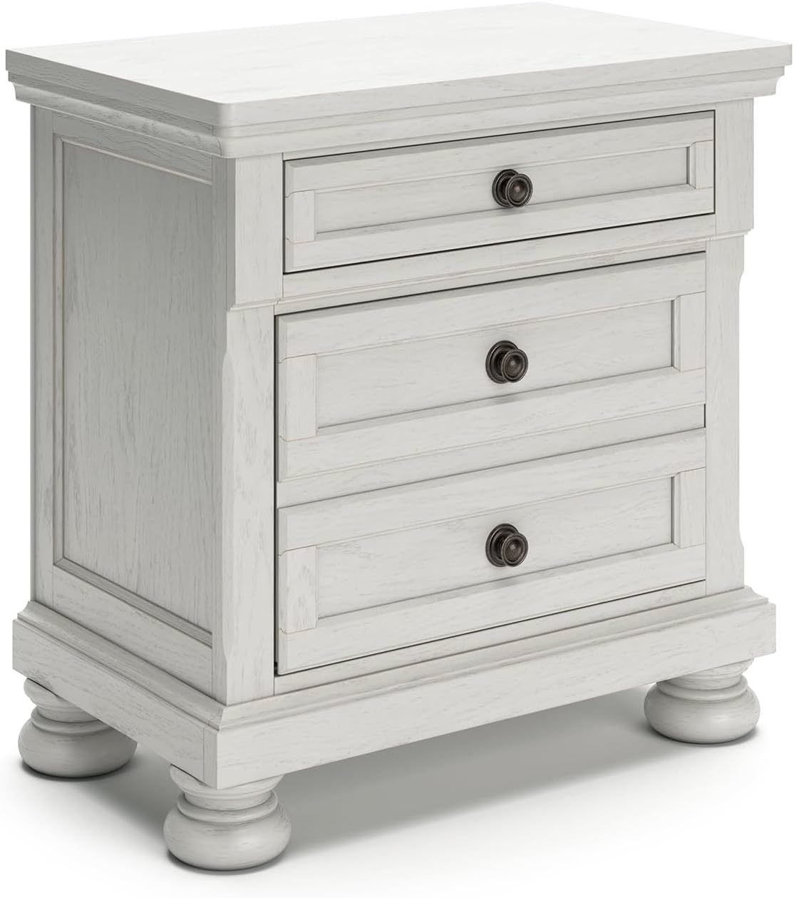 Signature Design by Ashley Tall Antique White Nightstand Wood Bedside Table | Two dovetail drawers, Hidden pull-out tray for valuables, Textured antiqued white oak finish, Robbinsdale Series