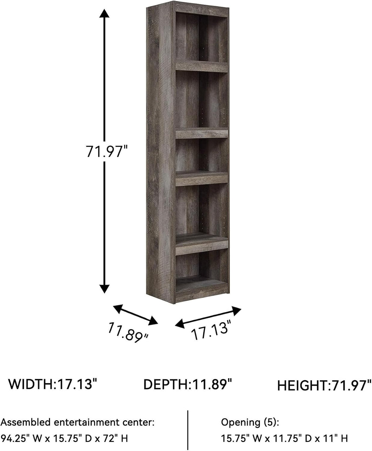 Signature Design by Ashley Wynnlow Tall Pier Bookcase, 72 Inch, Gray | Rustic gray engineered wood, 4 tiered shelves (3 adjustable) for tight spaces, Space-saving 17-inch wide pier design
