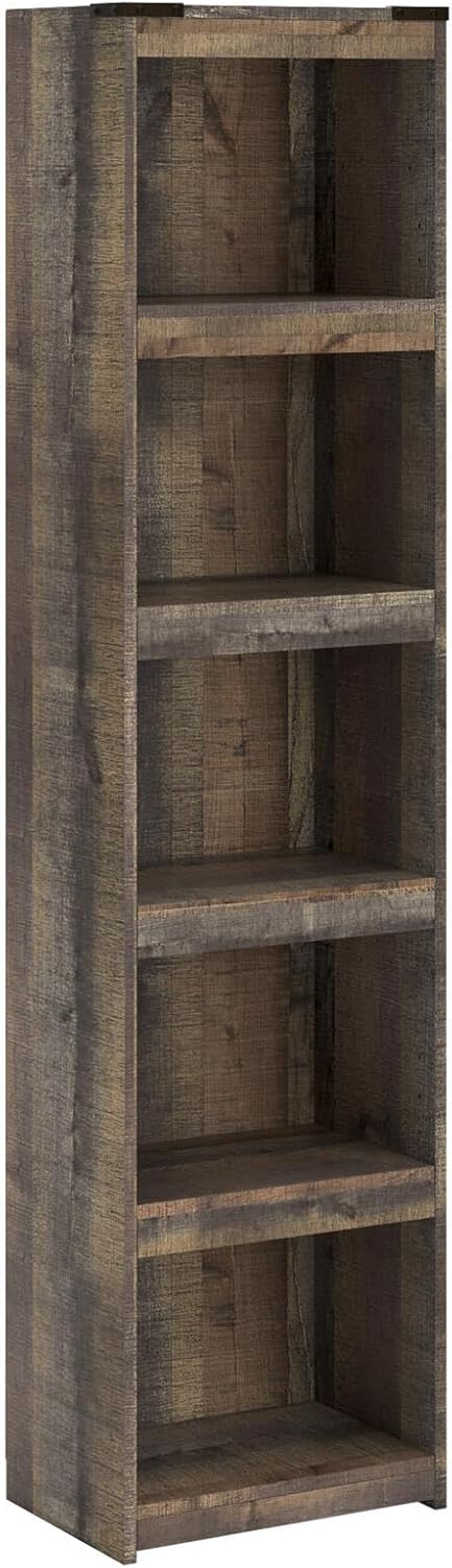 Signature Design by Ashley Trinell Media Pier, 72-Inch Rustic Bookcase | Durable engineered wood, Rustic replicated oak grain, 4 spacious shelves (3 adjustable), Versatile narrow bookshelf