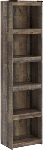 Signature Design by Ashley Trinell Media Pier, 72-Inch Rustic Bookcase | Durable engineered wood, Rustic replicated oak grain, 4 spacious shelves (3 adjustable), Versatile narrow bookshelf