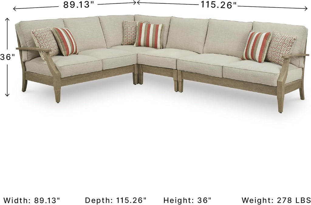 Signature Design by Ashley 4-Piece L-Shape Outdoor Sectional, Wood, Beige | Wood patio furniture set, Eucalyptus frame, Solution-dyed Nuvella fabric, All-weather foam cushions, Clare View Series