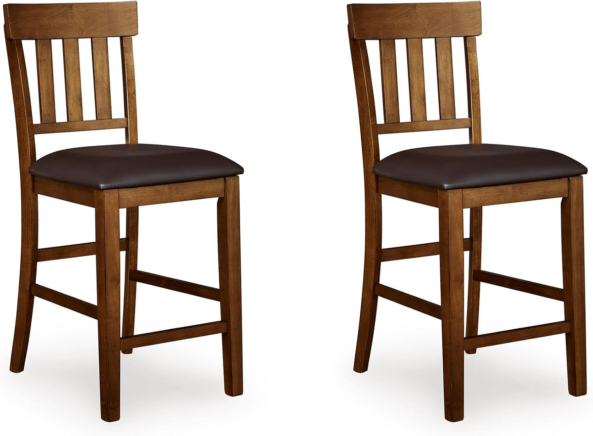 Signature Design by Ashley Counter Height Bar Stool, Set of 2, Slat Back | Wipe-clean faux leather cushion, Veneers, wood and engineered wood frame, 25.63-inch seat height, Ralene Series