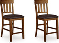 Signature Design by Ashley Counter Height Bar Stool, Set of 2, Slat Back | Wipe-clean faux leather cushion, Veneers, wood and engineered wood frame, 25.63-inch seat height, Ralene Series