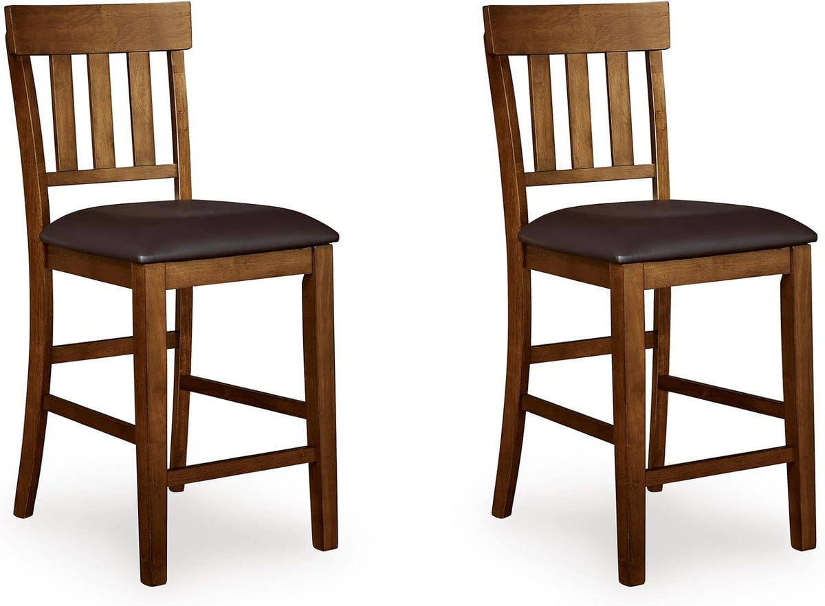 Signature Design by Ashley Counter Height Bar Stool, Set of 2, Slat Back | Wipe-clean faux leather cushion, Veneers, wood and engineered wood frame, 25.63-inch seat height, Ralene Series