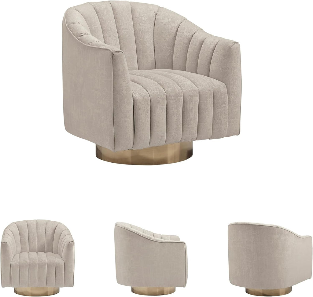 Signature Design by Ashley Swivel Barrel Accent Chair, Pearl, Penzlin | Textured velvet barrel chair with brass-tone metal pedestal base, Cozy lounge seating for reading nooks