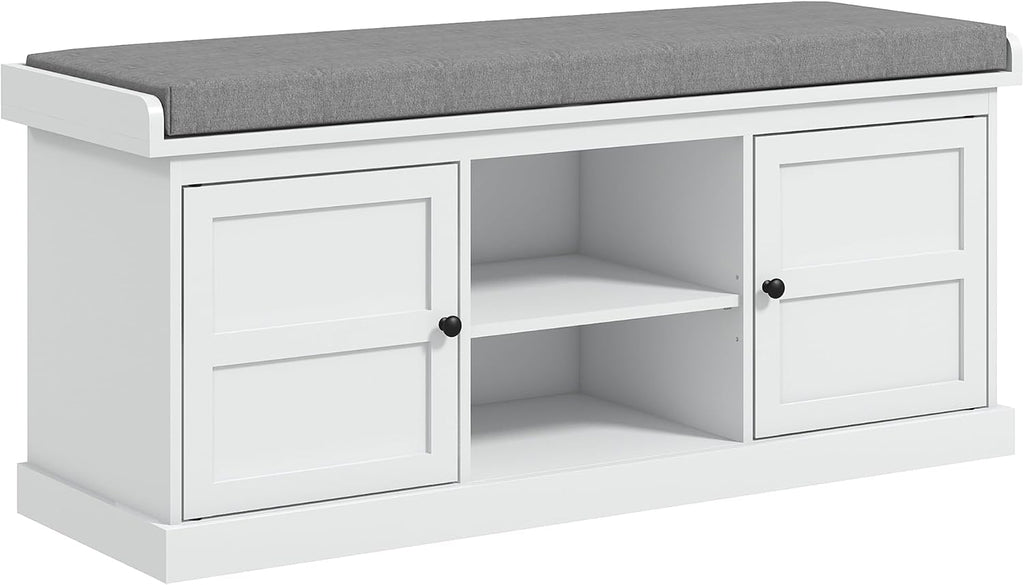 HOMCOM Shoe Bench with Seat, Cushion, 2 Cabinets, Adjustable Shelf, White