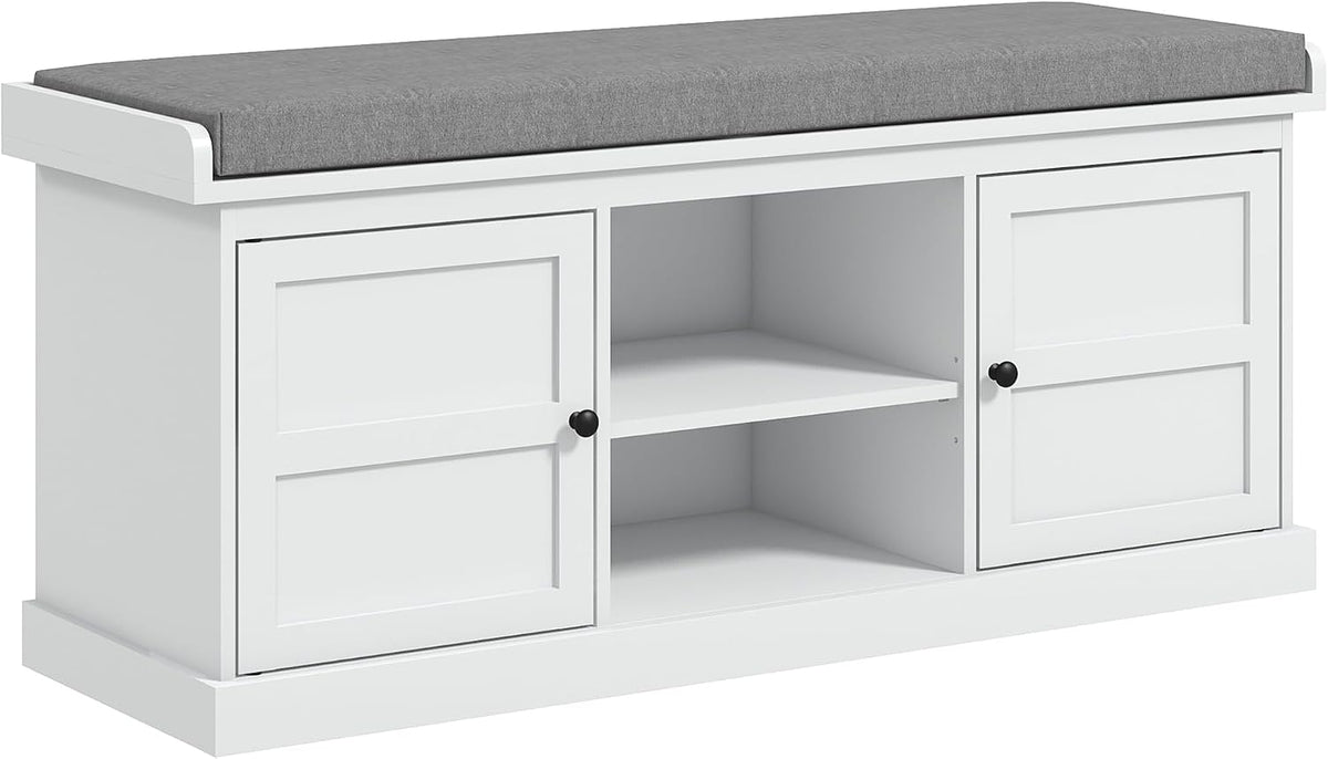 HOMCOM Shoe Bench with Seat, Cushion, 2 Cabinets, Adjustable Shelf, White