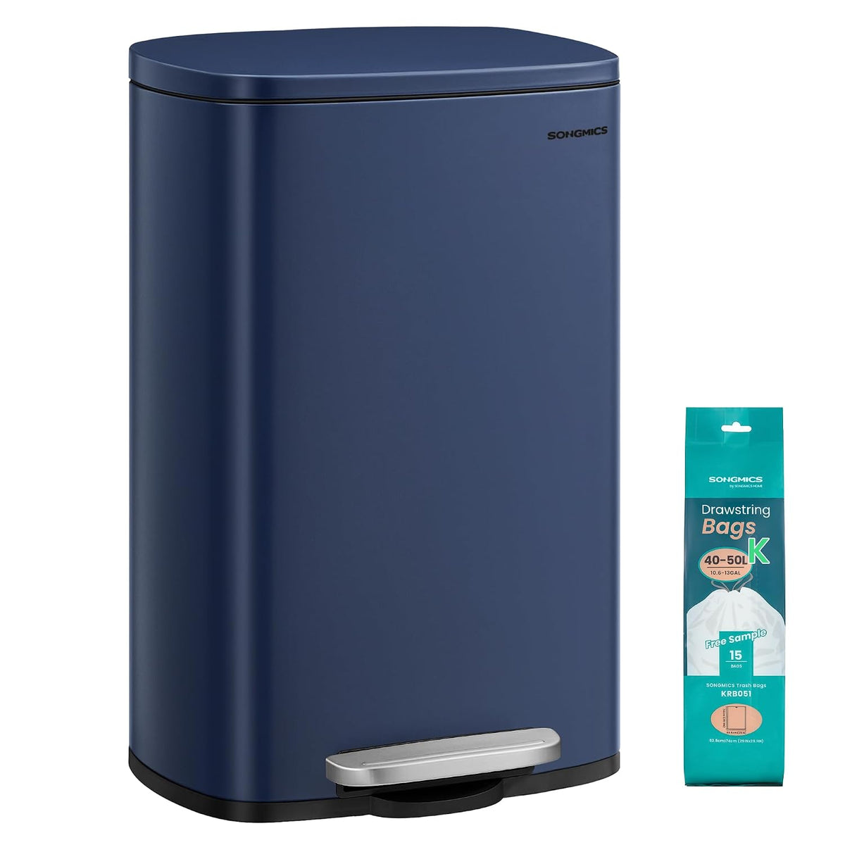 SONGMICS 13 Gallon (50 L) Trash Can, Stainless Steel, Step-On Pedal