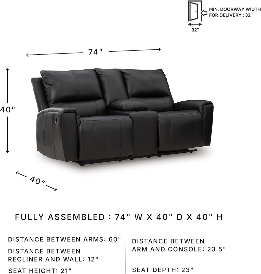 Signature Design by Ashley Leather Reclining Loveseat with Console, Black | Combination of leather and faux leather, Dual manual pull-tabs, Integrated center storage, Glassmere Series