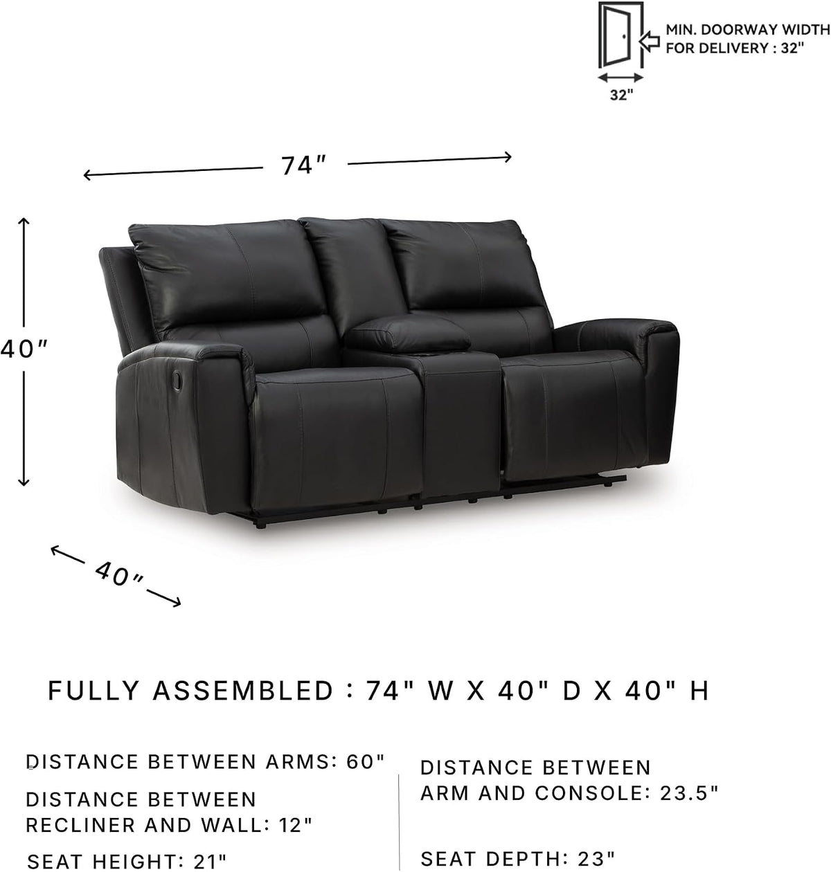 Signature Design by Ashley Leather Reclining Loveseat with Console, Black | Combination of leather and faux leather, Dual manual pull-tabs, Integrated center storage, Glassmere Series