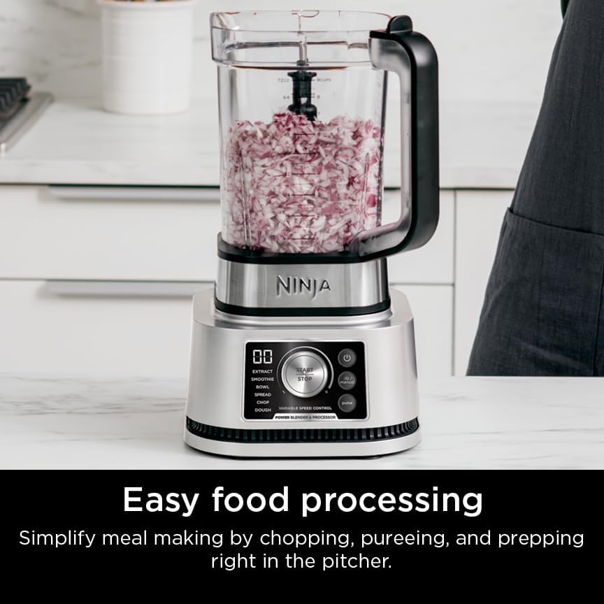 Ninja Foodi Power Blender & Food Processor, 6 Functions, Silver, SS351 | smartTORQUE motor never stalls. 6 functions for smoothies, bowls & dough. 72-oz pitcher + processor bowl + cups.