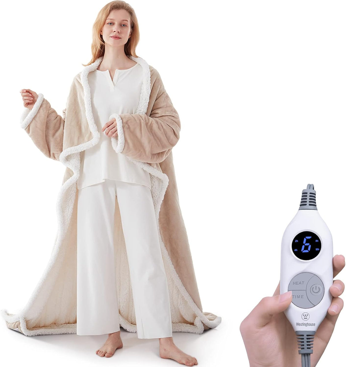 Westinghouse Wearable Heated Blanket with Foot Pocket Sherpa 50x70+18 Beige