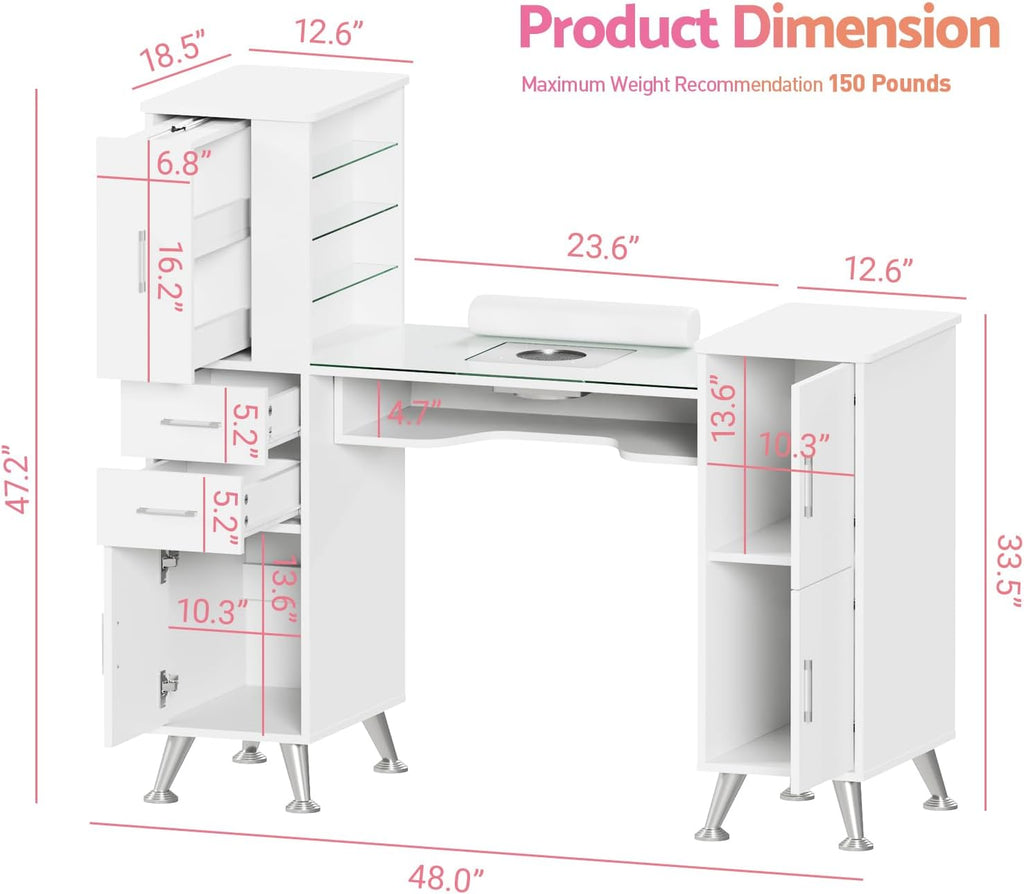 Nail Desk Tech Storage,Professional Manicure Desk Top Pull-Out with Glass Top, Dust Collector, 4 Dust Bags, Storage Drawers & Cabinets,8 Metal Legs Manicure Table