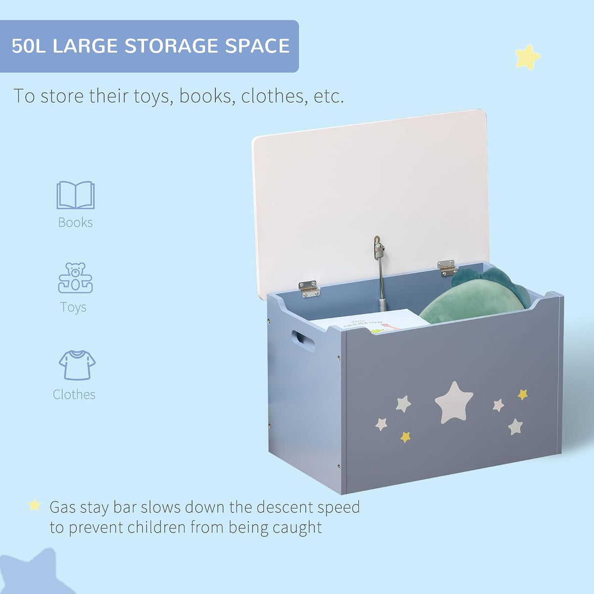 HOMCOM Kids Wooden Toy Box Storage Chest Side Handle Safety Hinge Blue