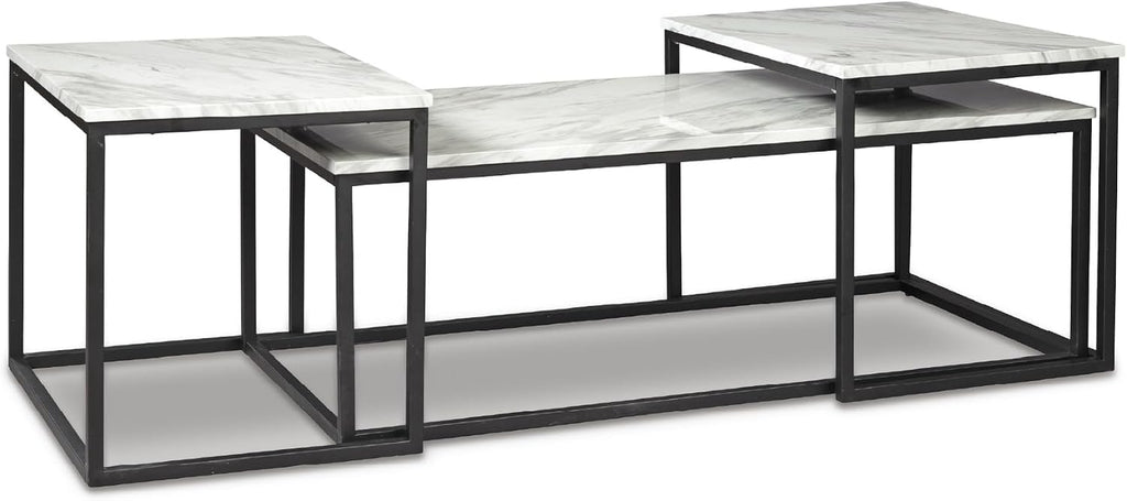 Signature Design by Ashley Donnesta 3 Piece Nesting Coffee Table Set | Space saving design, Decorative laminate over engineered wood, Faux Carrara marble pattern, Black powder coated metal