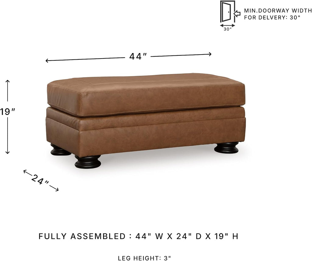 Signature Design by Ashley Carianna Rectangular Leather Ottoman, Caramel | No assembly required, Top-grain leather cushion, Faux leather sides, 19-in seat height
