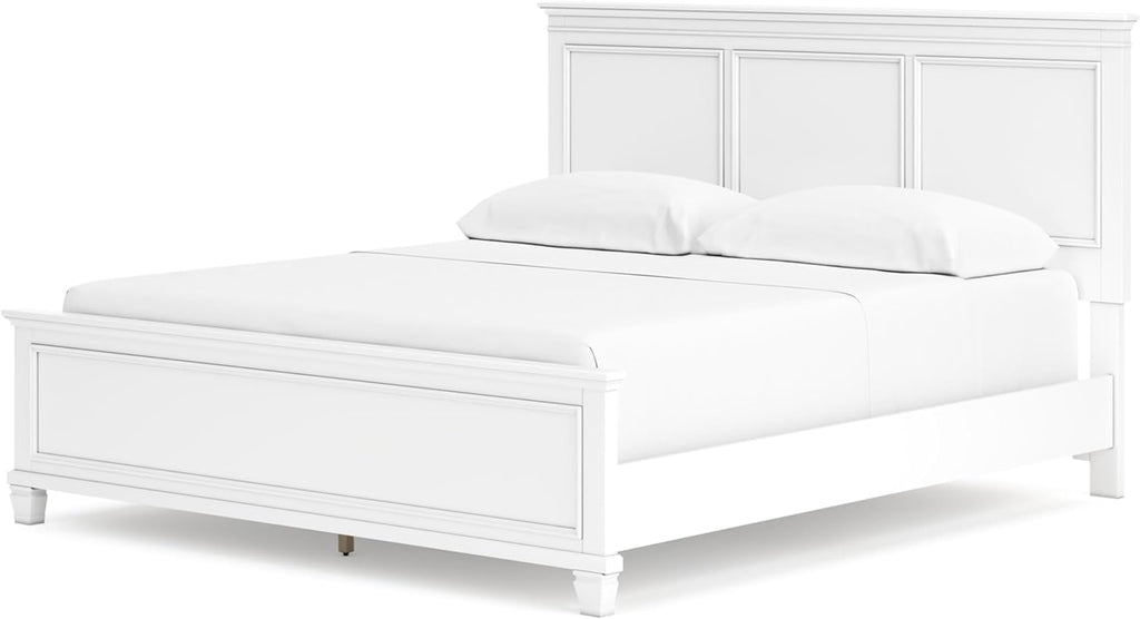 Signature Design by Ashley Fortman California King Panel Bed, White | Painted white finish with tapered feet, Hardwood solids and MDF substrate construction, Compatible with adjustable bases