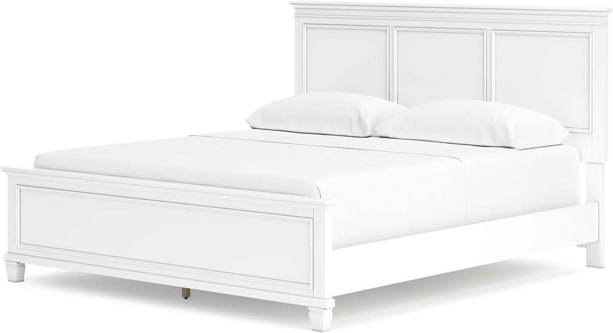 Signature Design by Ashley Fortman California King Panel Bed, White | Painted white finish with tapered feet, Hardwood solids and MDF substrate construction, Compatible with adjustable bases