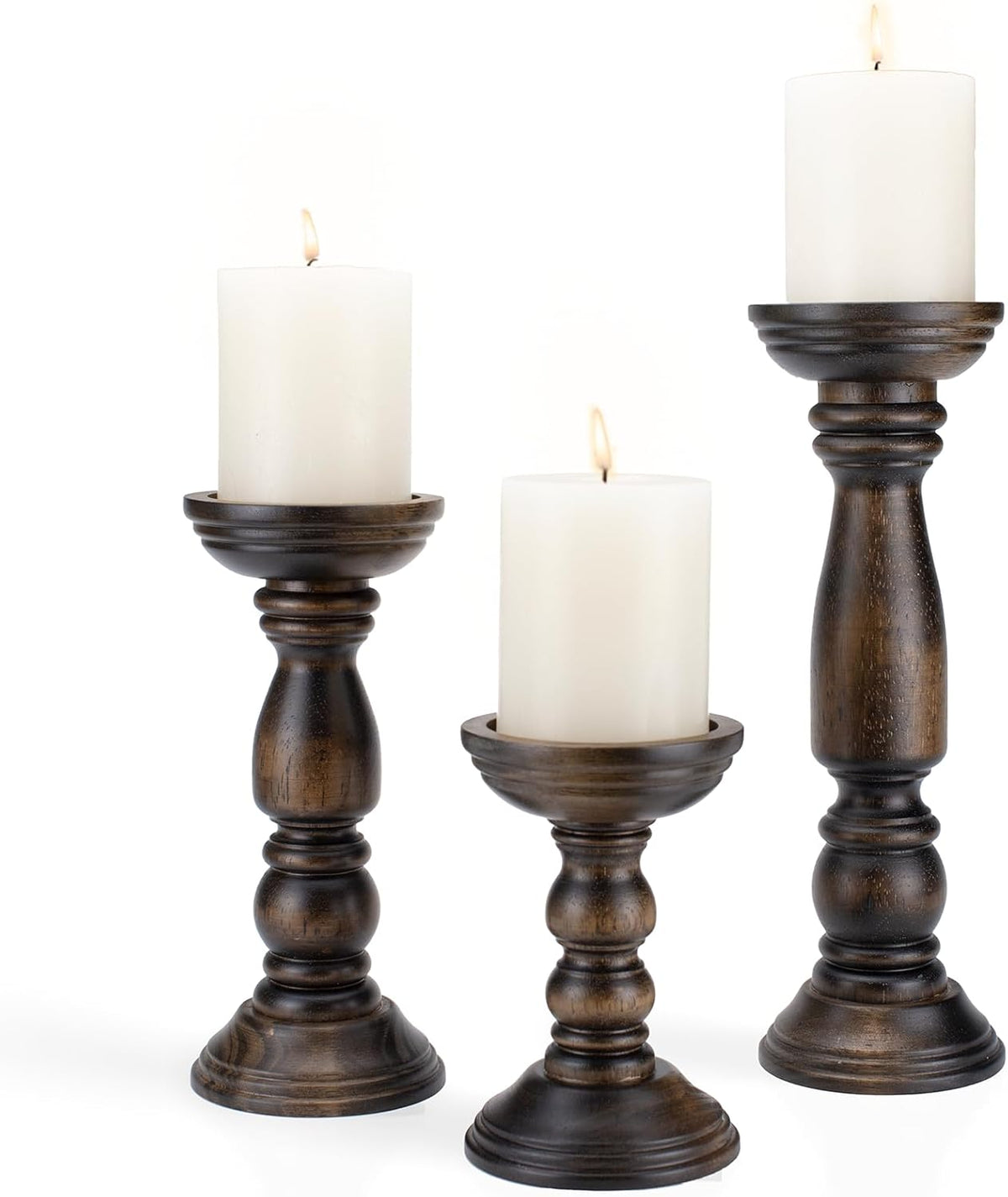 BANOMII Farmhouse Wooden Candle Holders for Pillar Candles Set of 3, Rustic Wood Candle Holder Table Centerpiece Decor, 12'' 9'' 6'' Vintage Tall Candle Stand Decorative, Brown