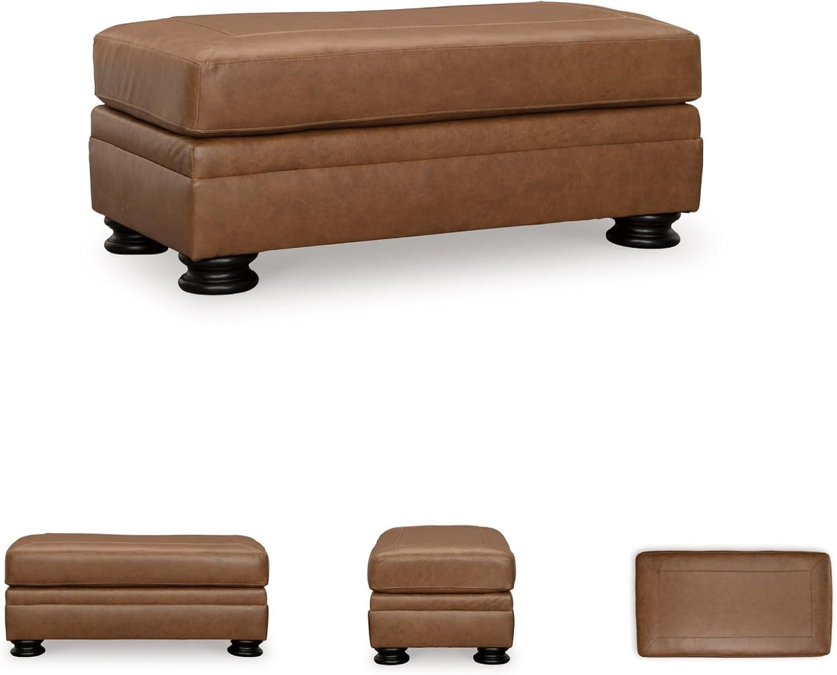 Signature Design by Ashley Carianna Rectangular Leather Ottoman, Caramel | No assembly required, Top-grain leather cushion, Faux leather sides, 19-in seat height
