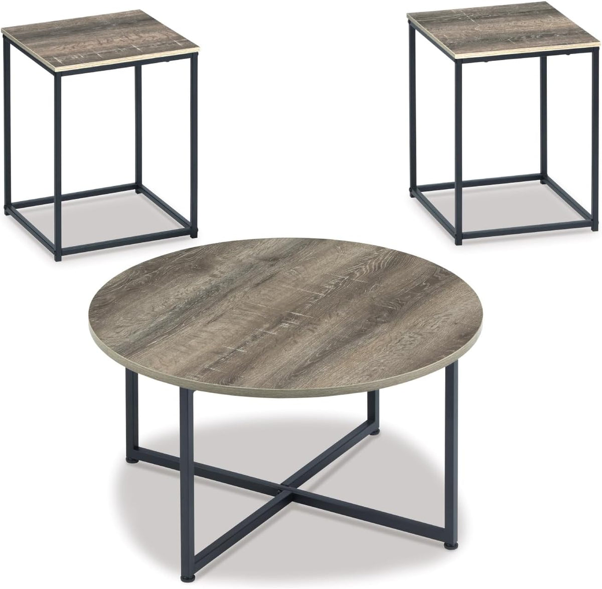 Signature Design by Ashley 3-Piece Living Room Coffee and End Table Set | Round coffee and square end tables, Laminate engineered wood, Dark metallic frames, Contemporary style, Wadeworth Series