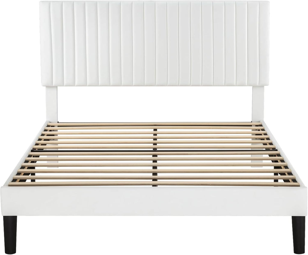 Allewie Queen Bed Frame, Velvet Upholstered Platform Bed with Adjustable Vertical Channel Tufted Headboard, Mattress Foundation with Strong Wooden Slats, Box Spring Optional, Easy Assembly, Off-White