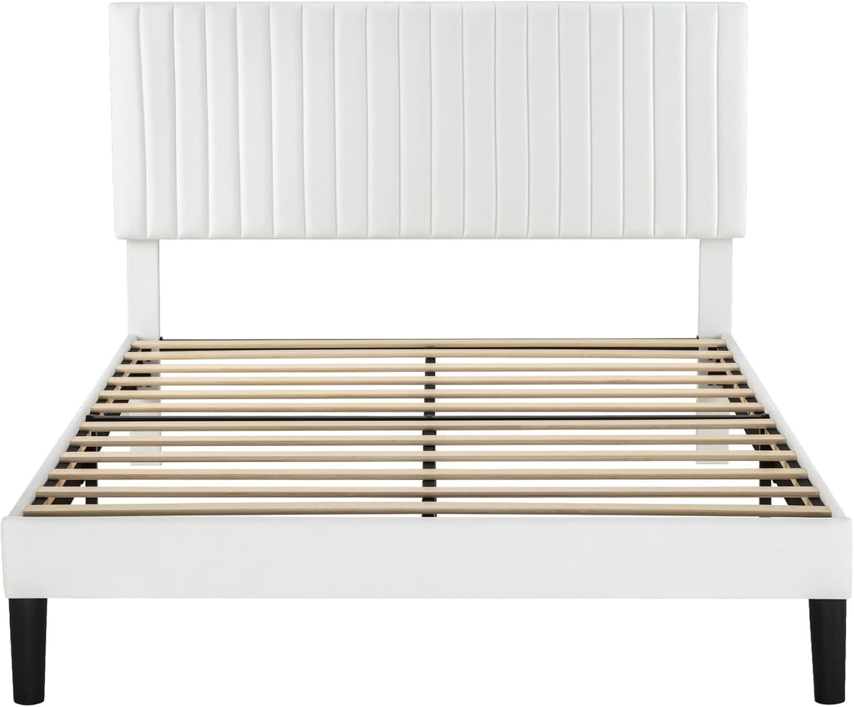 Allewie Queen Bed Frame, Velvet Upholstered Platform Bed with Adjustable Vertical Channel Tufted Headboard, Mattress Foundation with Strong Wooden Slats, Box Spring Optional, Easy Assembly, Off-White