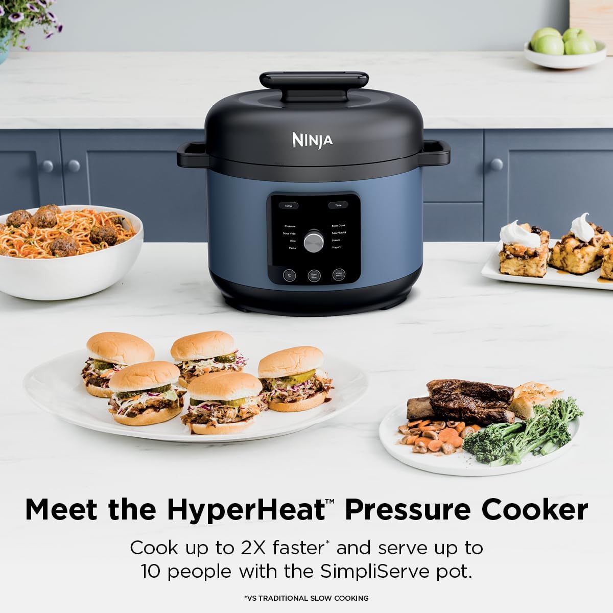 Ninja® HyperHeat™ 9-in-1 Pressure Cooker, 6.5-qt, Blue Macaron, PC201 | Cooks 2X faster, Sear, Sauté, Slow Cook, Steam & Sous Vide, 1200W, PFAS-free pot, removable SimpliServe™ pot for easy serving